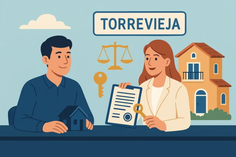 MLL abogados. Ilustración de asesoría legal a extranjeros para la compra de vivienda en Torrevieja, con una pareja, un contrato, una llave y una balanza de justicia.