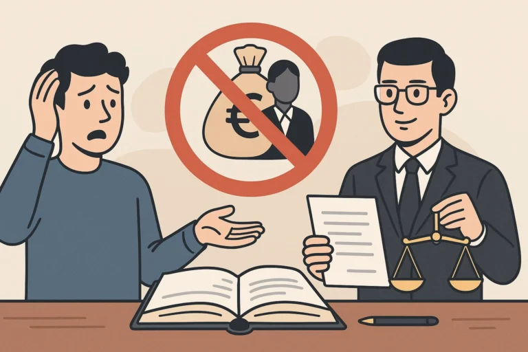 MLL abogados Ilustración de un abogado ayudando a un cliente preocupado a reclamar una deuda, con símbolos de justicia y dinero impagado.