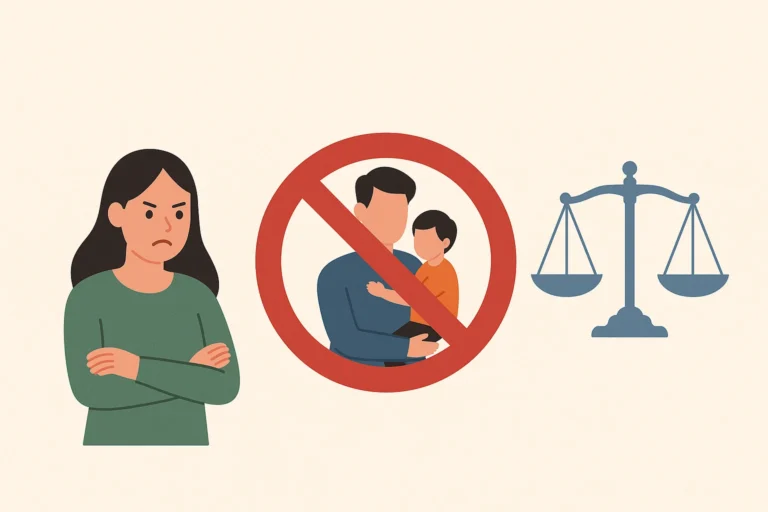 MLL ABOGADOS Ilustración que representa un conflicto por incumplimiento del régimen de visitas: una mujer enfadada, un padre con un niño tras un símbolo de prohibición, y una balanza de justicia.