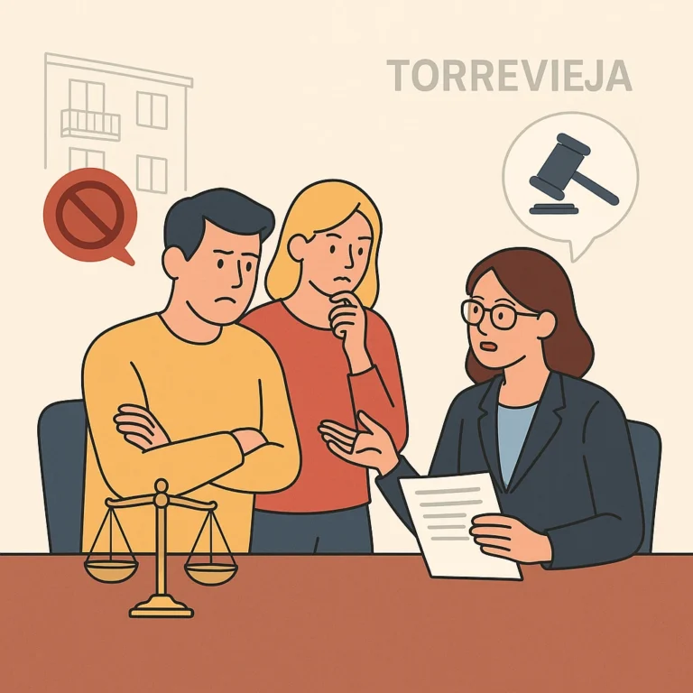 MLL abogados Ilustración de propietarios consultando a una abogada sobre conflictos con la comunidad de vecinos en Torrevieja, con símbolos legales y de desacuerdo.